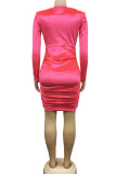 Red Sexy Solid Patchwork V Neck Long Sleeve Dresses