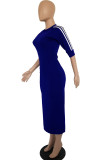 Deep Blue Casual Solid Patchwork O Neck Straight Dresses