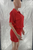 Red Casual Solid Patchwork Buckle Turndown Collar Short Sleeve Two Pieces