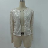 Silver Fashion Solid Sequins Patchwork O Neck Outerwear