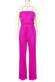 Rose Red Sexy Solid Patchwork Fold Strapless Straight Jumpsuits