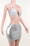 Silver Sexy Solid Tassel Bandage Backless Halter Sleeveless Two Pieces
