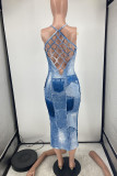 Темно-синий сексуальный принт в стиле пэчворк с открытой спиной Спагетти ремень юбка-карандаш платья