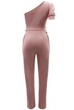 Pink Casual Solid Backless Oblique Collar Regular Jumpsuits