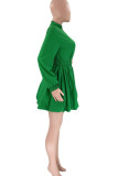 Grüne Art- und Weisebeiläufige feste Patchwork-Schnallen-Falten-A-Linien-Kleider mit Stehkragen