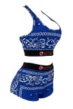 Light Blue Sexy Casual Print Backless U Neck Sleeveless Two Pieces