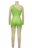 Fluorescent Green Sexy Solid Patchwork Oblique Collar Sleeveless Two Pieces