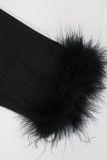 Negro sexy sólido patchwork plumas taladro caliente o cuello lápiz falda más vestidos de tamaño