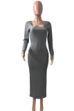 Grey Casual Solid Patchwork U Neck Straight Dresses