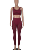 Burgundy Sexy Solid Patchwork See-through U Neck Two Pieces