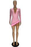 Pink Sexy Solid Patchwork Feathers Mesh O Neck One Step Rock Kleider