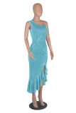 Royal Blue Street Solid Flounce One Shoulder Irregular Dress Dresses
