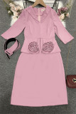 Pink Fashion Casual Solid Patchwork With Belt V Neck Pencil Skirt Dresses
