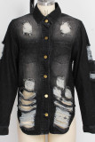 Black Turndown Collar Solid Hole Old washing The cowboy Pure Long Sleeve Outerwear