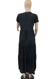 Black Casual Solid Patchwork Fold O Neck A Line Dresses