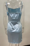 Небесно-голубые сексуальные однотонные платья в стиле пэчворк со складками на тонких бретельках
