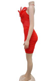 Red Sexy Solid Patchwork Feathers Fold Halter Pencil Skirt Dresses