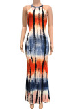 Blue Yellow Sexy Print Hollowed Out Patchwork Halter Straight Dresses