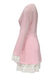 Pink Elegant Solid Patchwork Buttons Flounce V Neck A Line Dresses