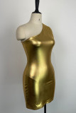 ゴールド セクシー カジュアル ソリッド バックレス 斜め襟 ノースリーブ ドレス ドレス