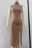 Army Green Elegant Solid High Opening Fold Turtleneck Wrapped Skirt Dresses