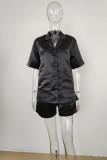 Black Casual Solid Patchwork Shirt Collar Short Sleeve Two Pieces