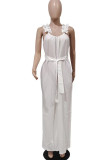 White Casual Solid Patchwork With Belt Stringy Selvedge Spaghetti Strap Straight Jumpsuits