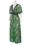 Green Sexy Print Leopard Bandage Patchwork See-through V Neck Long Dress Dresses