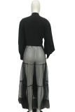 Black Casual Patchwork Solid Mesh Without Belt Mandarin Collar Irregular Dress Plus Size Dresses