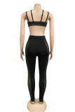 Black Fashion Sexy Patchwork Hot Drilling See-through Backless Spaghetti Strap Sleeveless Two Pieces