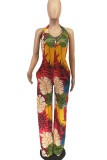 White Casual Print Patchwork Halter Straight Jumpsuits