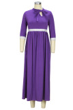 Purple Casual Solid Patchwork With Bow O Neck Long Dress Dresses