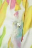 ホワイトのエレガントなプリント パッチワーク ベルト付き O ネック ケーキ スカート ドレス