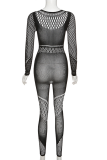 Black Sexy Solid See-through Mesh O Neck Skinny Jumpsuits