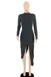 Black Casual Solid Patchwork Asymmetrical Half A Turtleneck Irregular Dress Dresses