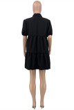 ブラックファッションカジュアルソリッドベーシックターンダウンカラー半袖ドレス