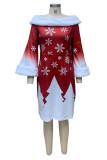 Red Elegant Print Patchwork Feathers Off the Shoulder One Step Skirt Dresses