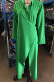 Green Sexy Patchwork Slit Turndown Collar Long Dress Dresses