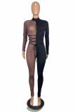Multicolor Fashion Sexy Patchwork See-through Turtleneck Skinny Jumpsuits