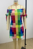 Farbe Mode Casual Print Bandage Schulterfrei Kurzarm Kleid Kleider