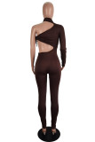 Coffee Fashion Sexy Solid Bandage Hollowed Out Asymmetrical Turtleneck Skinny Jumpsuits