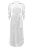 White Elegant Solid Patchwork Frenulum Fold POLO collar Pleated Dresses(With Belt)