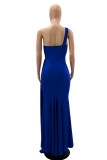 Blauwe sexy formele effen patchwork backless split een schouder avondjurk jurken