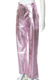 Pantaloni in tinta unita dritti a vita alta con patchwork solido rosa casual da strada