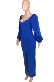 Blue Casual Solid Patchwork Slit V Neck Long Sleeve Dresses