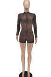 Black Brown Sexy Print Patchwork See-through Zipper Collar Skinny Rompers