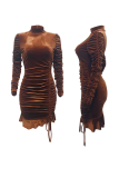 Brownness Street Solid Draw String Fold Half A Turtleneck Pencil Skirt Dresses