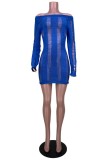 Blue Sexy Solid Hollowed Out Backless O Neck Long Sleeve Dresses