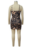 Brown Sexy Print Patchwork Draw String Spaghetti Strap Robes Jupe Crayon