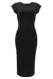 Black Casual Solid Patchwork Slit O Neck One Step Skirt Short Sleeve Dress